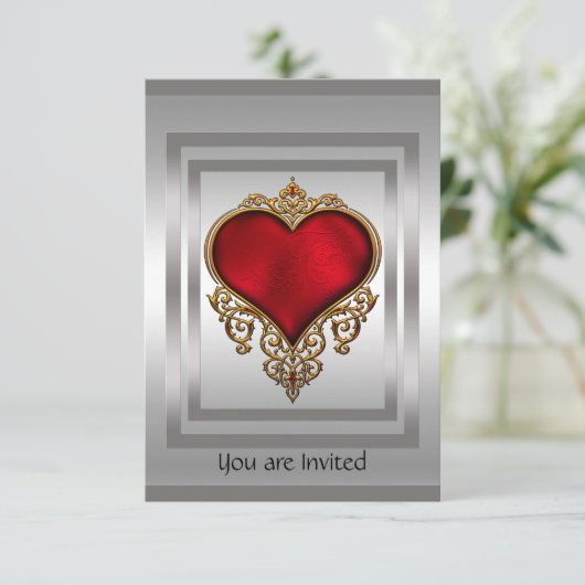 Uitnodiging voor Silver en Red Heart (Staand voorkant)