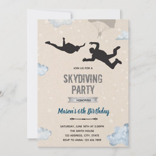 Uitnodiging voor skydiving feest thema (Voorkant)