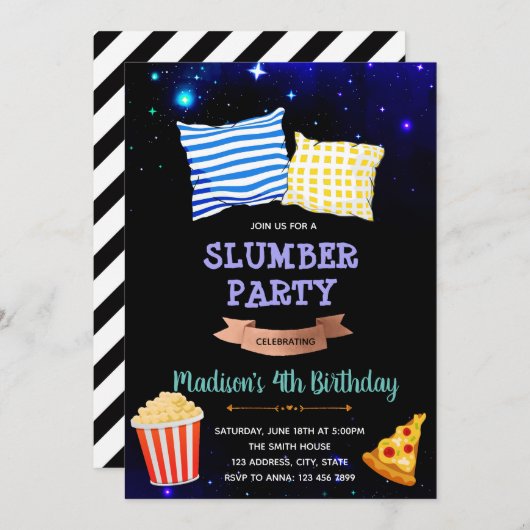 Uitnodiging voor slaapfeest onder de ster (Voorkant / Achterkant)