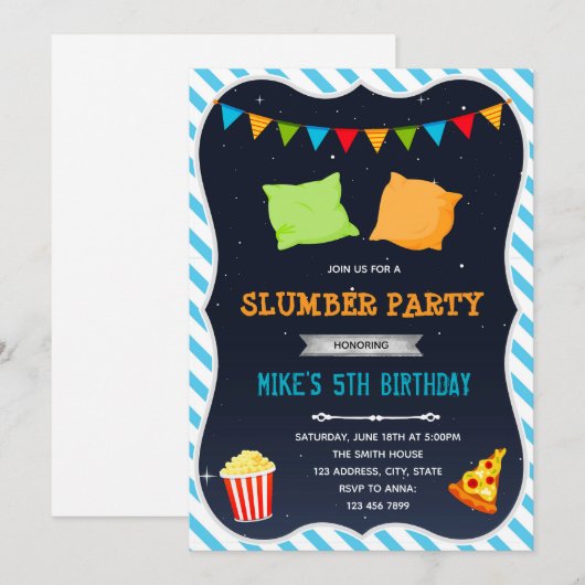 Uitnodiging voor slaapfeestje voor jongens (Voorkant / Achterkant)