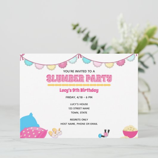 Uitnodiging voor slaapfeestje voor meisjes (Staand voorkant)