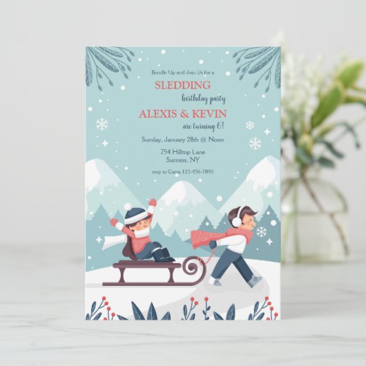 Uitnodiging voor sleeënde kinderen (Staand voorkant)