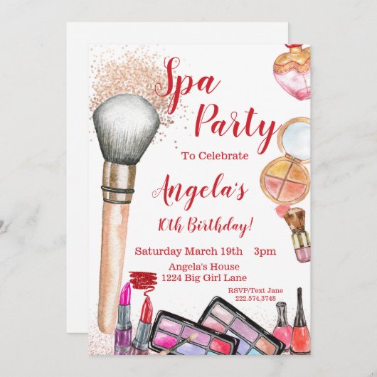 Uitnodiging voor Spa Party, Editable 10th Birthday (Voorkant / Achterkant)