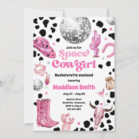 Uitnodiging voor Space Cowgirl Disco Rodeo Bachelo (Voorkant)