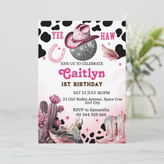 Uitnodiging voor Space Cowgirl-verjaardagsfeestje (Staand voorkant)