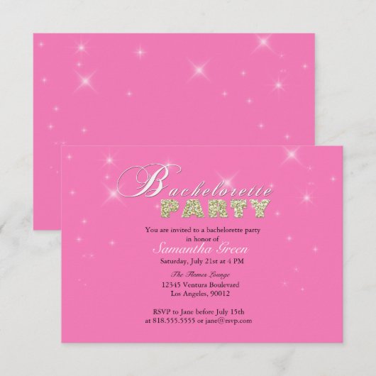 Uitnodiging voor sparkly Glitter Pink Bachelorette (Voorkant / Achterkant)