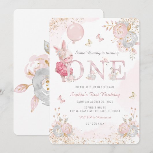 Uitnodiging voor speciale bunny First Birthday (Voorkant / Achterkant)