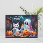 Uitnodiging voor spook- en kattenhalloweenfeest (Staand voorkant)