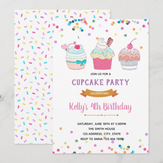 Uitnodiging voor Sprinkle Cupcake oorlogspartij (Voorkant / Achterkant)