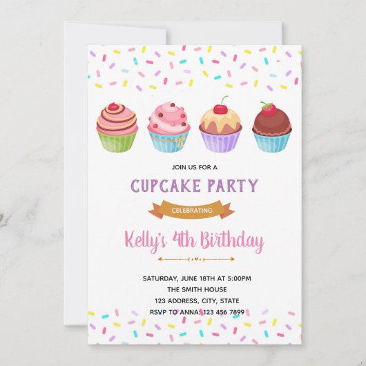 Uitnodiging voor sprookjes cupcakes feestje (Voorkant)