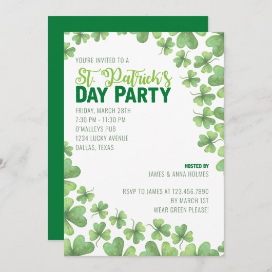 Uitnodiging voor St. Patrick's Day Shamrocks Feest (Voorkant / Achterkant)