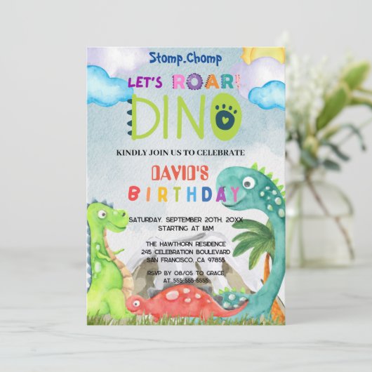 Uitnodiging voor Stomp Chomp en Brul (Staand voorkant)