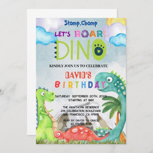 Uitnodiging voor Stomp Chomp en Brul (Voorkant / Achterkant)