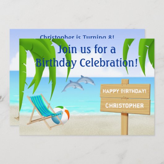 Uitnodiging voor strand- en oceaanverjaardag (Voorkant / Achterkant)