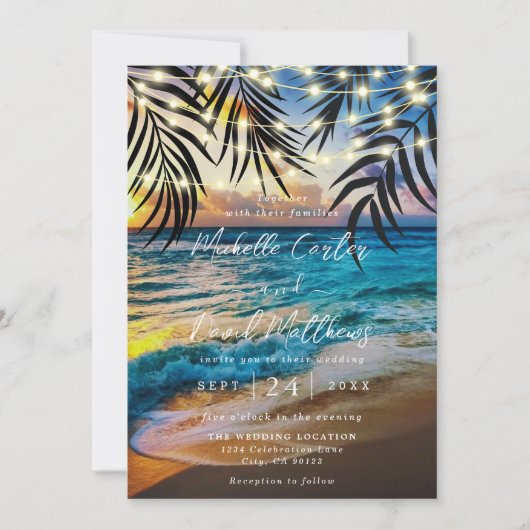 Uitnodiging voor strandbruiloft op Sunset String L (Voorkant)