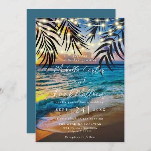 Uitnodiging voor strandbruiloft op Sunset String L (Voorkant / Achterkant)