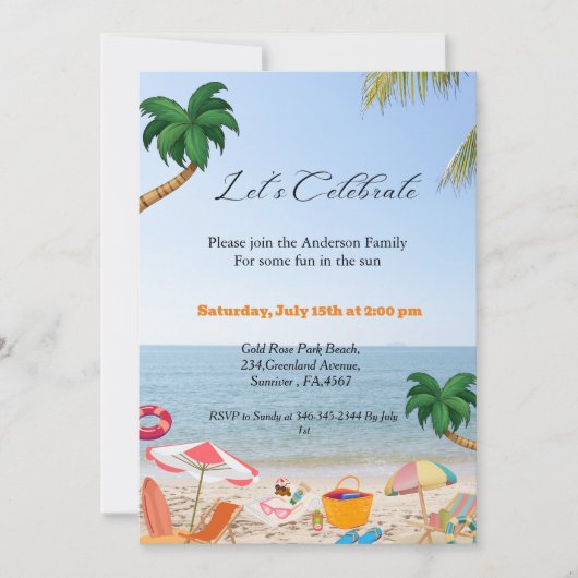 Uitnodiging voor strandfeest, gezinsstrandfeest in (Voorkant)