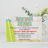 Uitnodiging voor strandfeest met surfen surfs up (Staand voorkant)