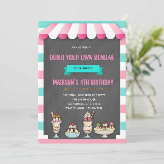 Uitnodiging voor sundae feestje zelf samenstellen (Staand voorkant)