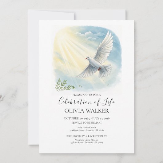 Uitnodiging voor Sunlight Dove Funeral Celebration (Voorkant)