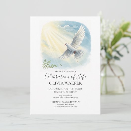 Uitnodiging voor Sunlight Dove Funeral Celebration (Staand voorkant)