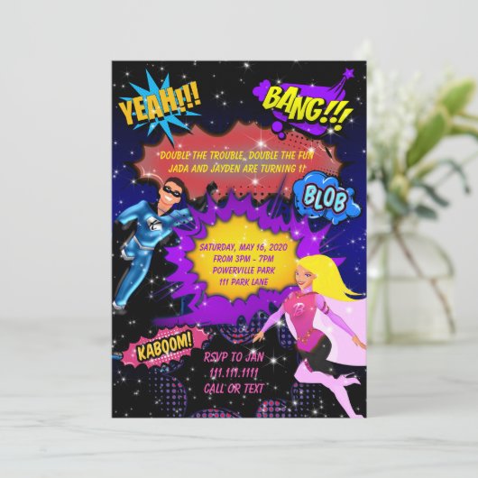 Uitnodiging voor superhelden, uitnodiging voor twe (Staand voorkant)