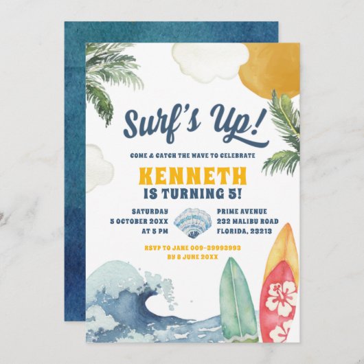 uitnodiging voor Surf Beach Summer Birthday (Voorkant / Achterkant)