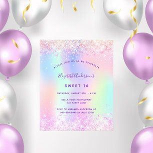 Uitnodiging voor Sweet 16 roze paarse glitters bud Flyer