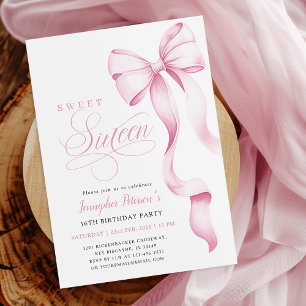 Uitnodiging voor Sweet Sixteen met roze strik