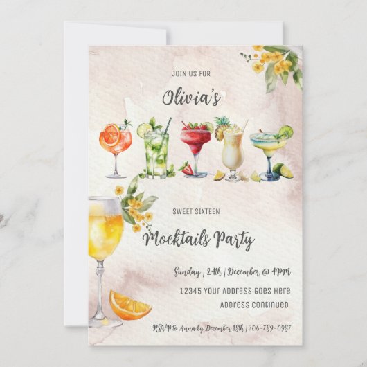 Uitnodiging voor Sweet Sixteen Mocktail Verjaardag (Voorkant)