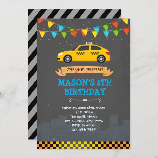 Uitnodiging voor Taxi-verjaardagsfeest (Voorkant / Achterkant)
