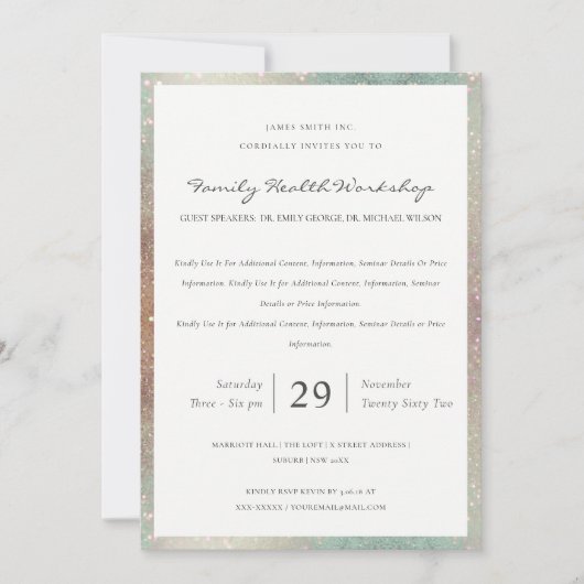 Uitnodiging voor Teal Koper Glitterende Workshop E (Voorkant)