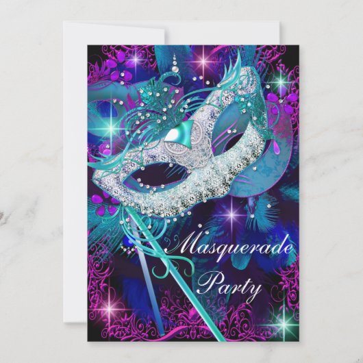 Uitnodiging voor Teal & Paarse Masqueradebal (Voorkant)