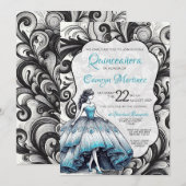 Uitnodiging voor Teal Quinceañera-meisje (Voorkant / Achterkant)