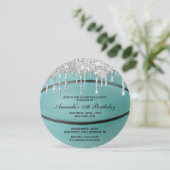 Uitnodiging voor teal zilveren druipend basketbalf (Staand voorkant)