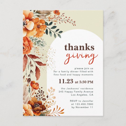 Uitnodiging voor Thanksgiving-diner bloem wit boog (Voorkant)