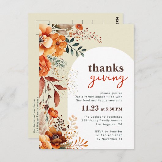 Uitnodiging voor Thanksgiving diner bloem witte bo (Voorkant / Achterkant)