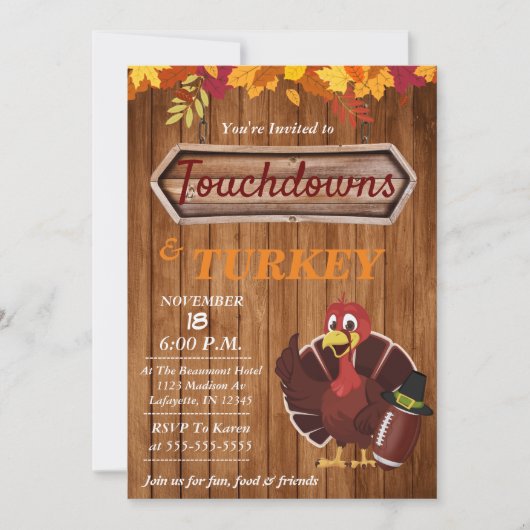 Uitnodiging voor Thanksgiving met touchdowns en ka (Voorkant)