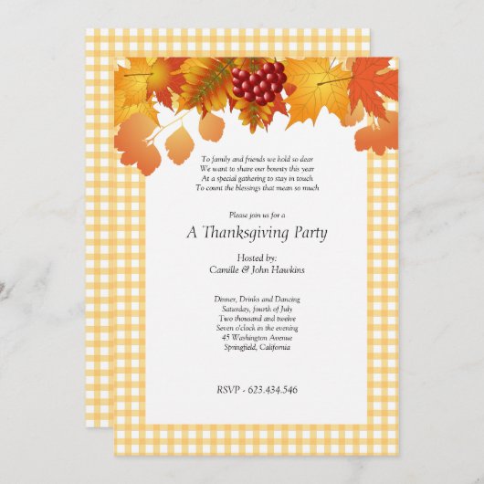 Uitnodiging voor Thanksgiving Plaid Picknickfeest (Voorkant / Achterkant)