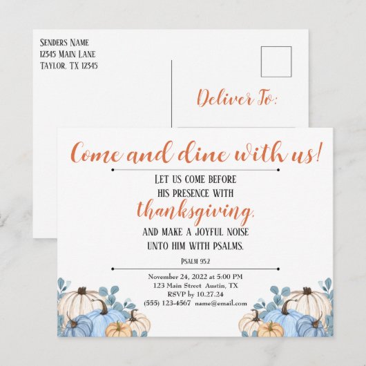 Uitnodiging voor Thanksgiving Schriftuur Pompoenve (Voorkant / Achterkant)