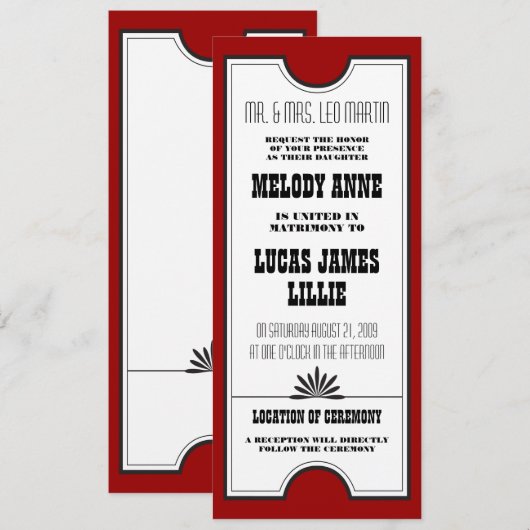 Uitnodiging voor theater Ticket Wedding (Voorkant / Achterkant)