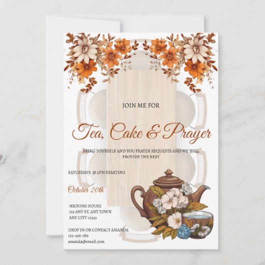 Uitnodiging voor Thee, Cake & Gebedsgenootschap (Voorkant)