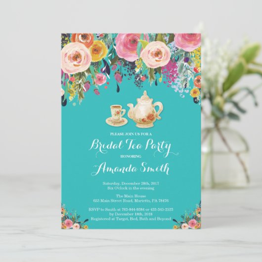 Uitnodiging voor Theepartij Bruidsfeest Bloemen (Staand voorkant)