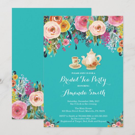 Uitnodiging voor Theepartij Bruidsfeest Bloemen (Voorkant / Achterkant)