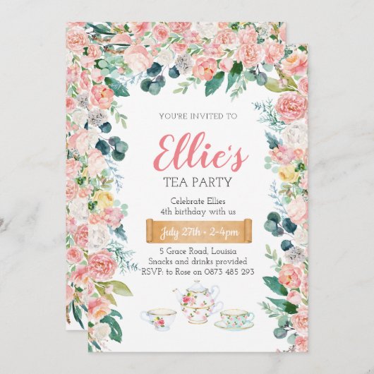 Uitnodiging voor theepartij in de tuin met bloemen (Voorkant / Achterkant)