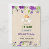 Uitnodiging voor theepartij met paarse bloemen (Voorkant)