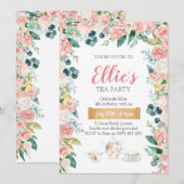 Uitnodiging voor theepartijtje in de tuin met bloe (Voorkant / Achterkant)