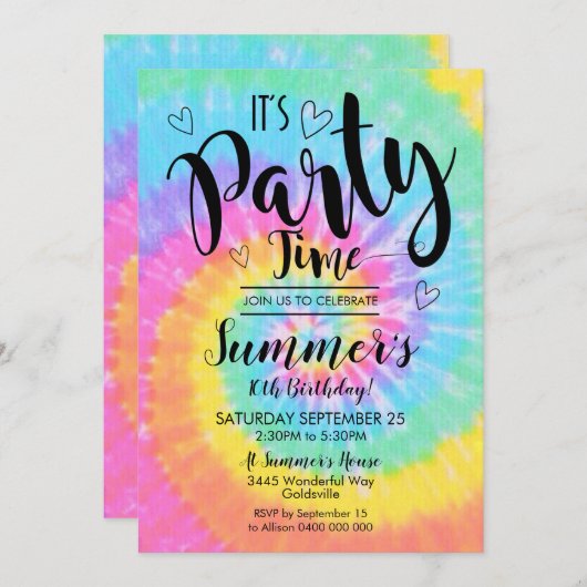 Uitnodiging voor Tie Dye Feest Het is Feesttijd (Voorkant / Achterkant)