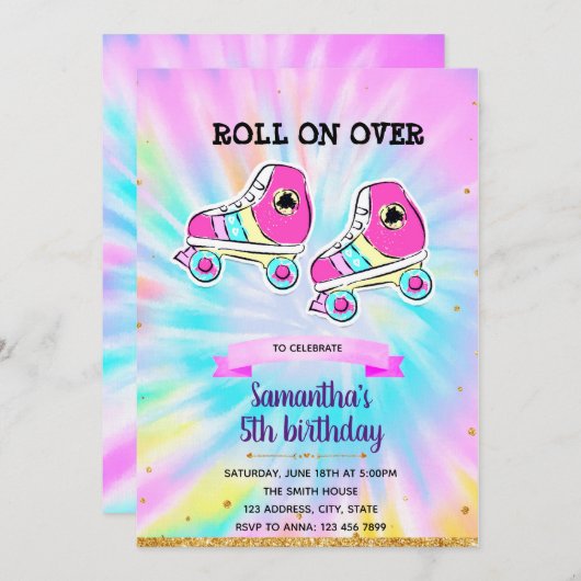 Uitnodiging voor tie-dye roller skate feest (Voorkant / Achterkant)