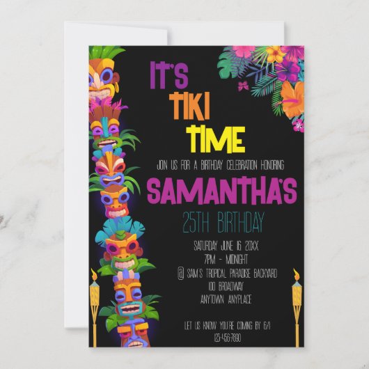 Uitnodiging voor Tiki Time Birthday Party (Voorkant)